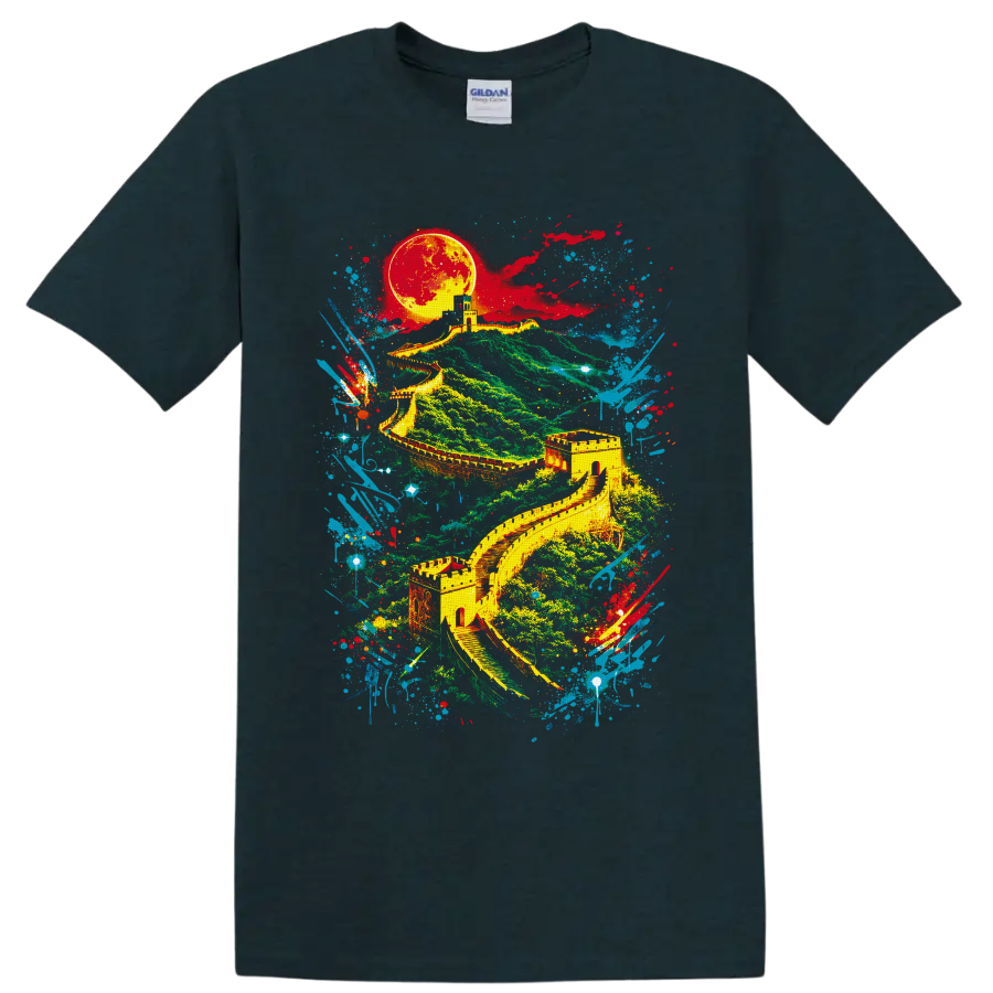 Great Wall of China landscape with glowing moon and colorful graffiti paint splashes on a Midnight (Green) T Shirt