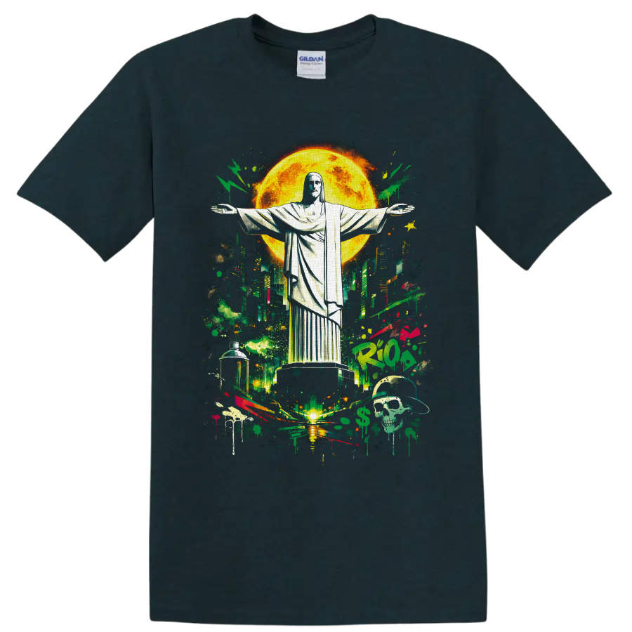 Christ the Redeemer over Rio skyline in neon graffiti art with a glowing moon on a Midnight (Green) T Shirt