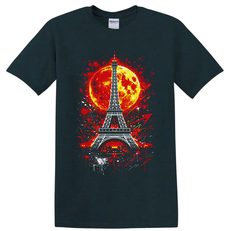 White Eiffel Tower with yellow moon and red graffiti splatter artwork on a Midnight (Green) T Shirt