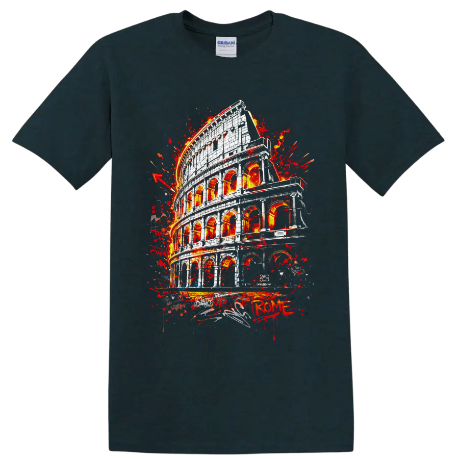 Roman Colosseum in fiery red graffiti-inspired architectural artwork on a Midnight (Green) T Shirt