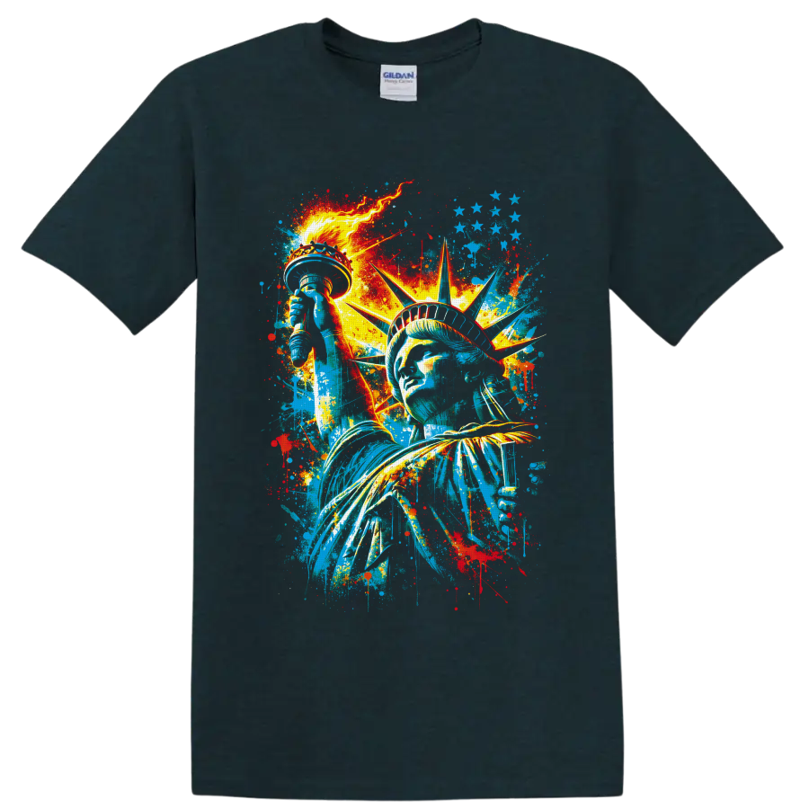 Statue of Liberty graffiti-style portrait with torch, stars, and paint splatters on a Midnight (Green) T Shirt