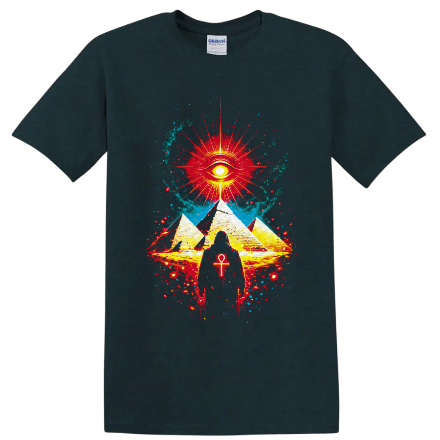 Mystical Egyptian-inspired pyramids, radiant eye, ankh figure, and cosmic splatter art on a Midnight (Green) T Shirt