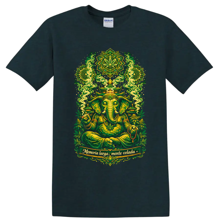 Psychedelic Ganesha meditation art with hemp leaves, temples, smoke, and green mandalas on a Midnight (Green) T Shirt