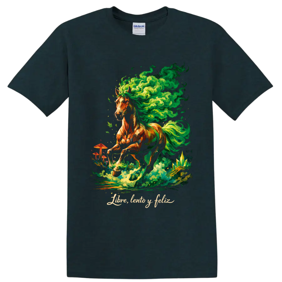 Psychedelic horse with swirling green smoke, mushrooms, crystals, and Libre, lento y feliz on a Midnight (Green) T Shirt