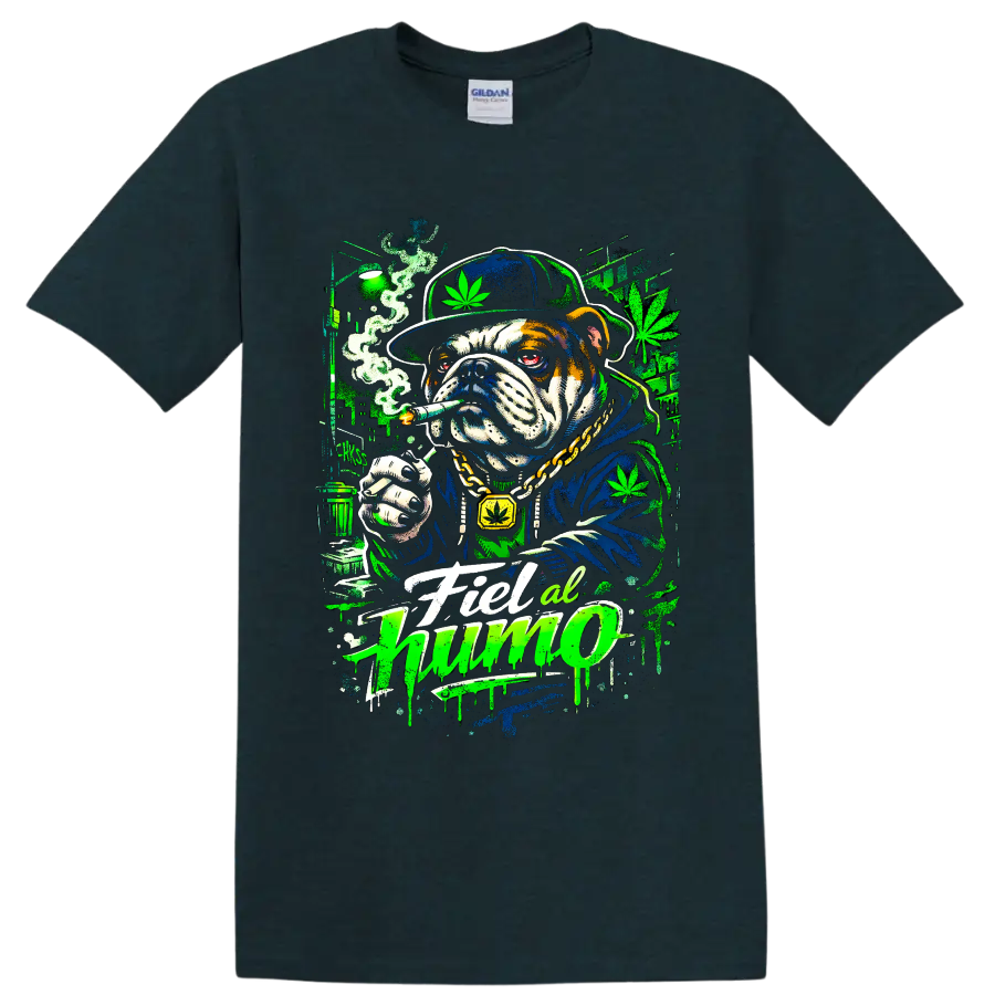 Cannabis bulldog smoking a joint in neon graffiti street art with Fiel al humo text on a Midnight (Green) T Shirt