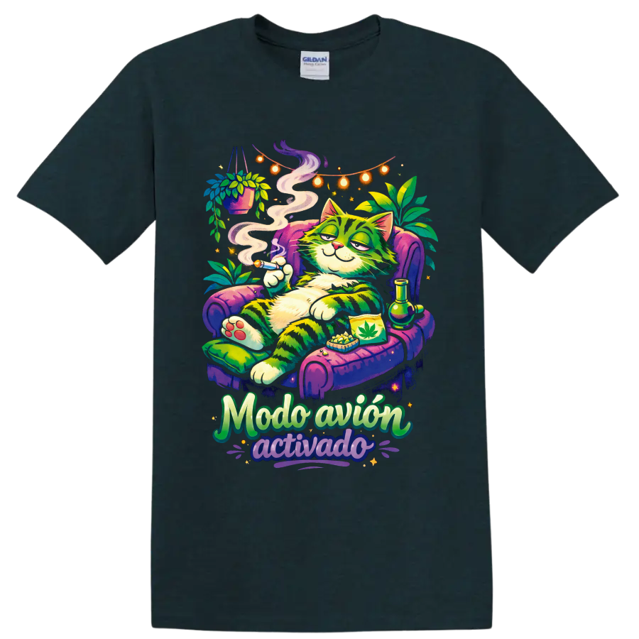 Psychedelic cannabis cat lounging with smoke, plants, and Modo avión activado text on a Midnight (Green) T Shirt