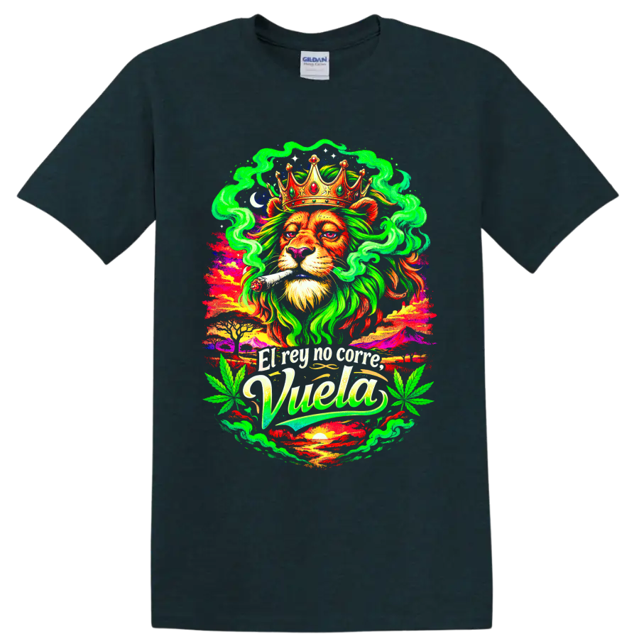 Psychedelic crowned lion with joint, cannabis leaves, smoke, and High Life text on a Midnight (Green) T Shirt