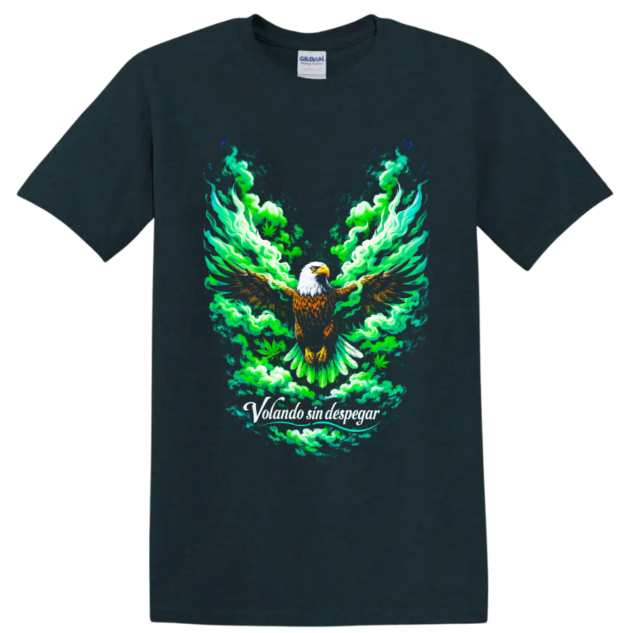 Bald eagle with green smoke and cannabis leaves in a psychedelic graphic illustration on a Midnight (Green) T Shirt
