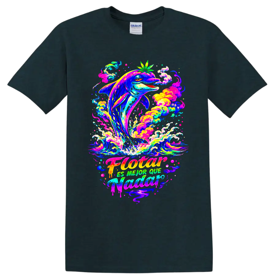 Psychedelic dolphin leaping through neon waves with a cannabis leaf on a Midnight (Green) T Shirt