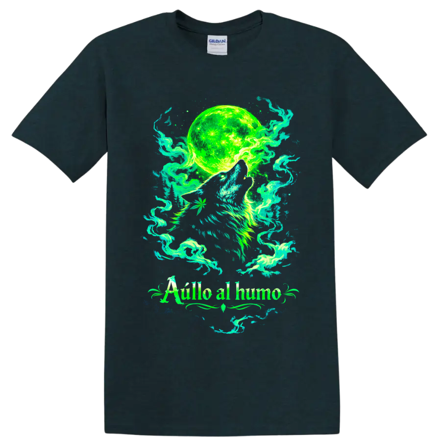 Psychedelic howling wolf beneath a neon green moon with swirling cannabis smoke on a Midnight (Green) T Shirt