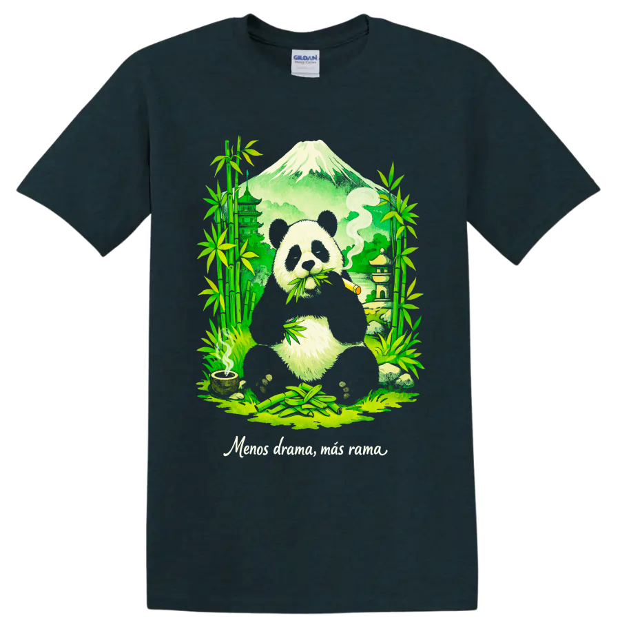 Cannabis panda illustration with bamboo, pagoda, mountain, and rolled smoke on a Midnight (Green) T Shirt
