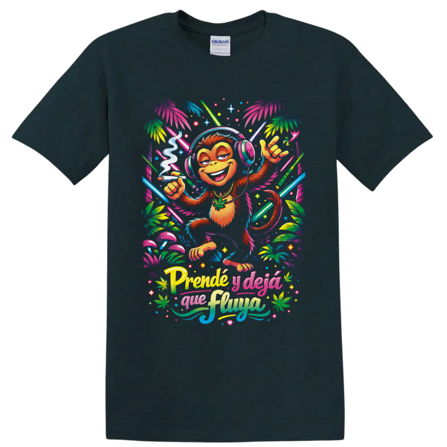 Neon tropical cannabis monkey DJ graphic with headphones, mushrooms, and Spanish lettering on a Midnight (Green) T Shirt