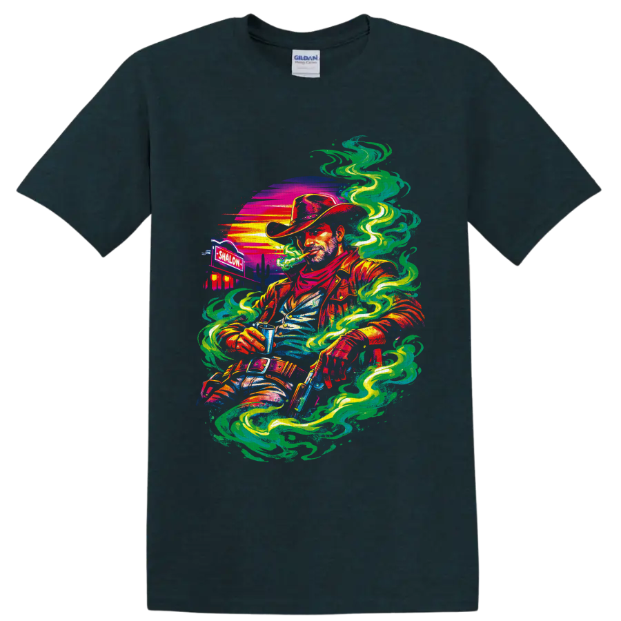 Psychedelic cannabis cowboy graphic with swirling smoke, desert sunset, and cacti on a Midnight (Green) T Shirt