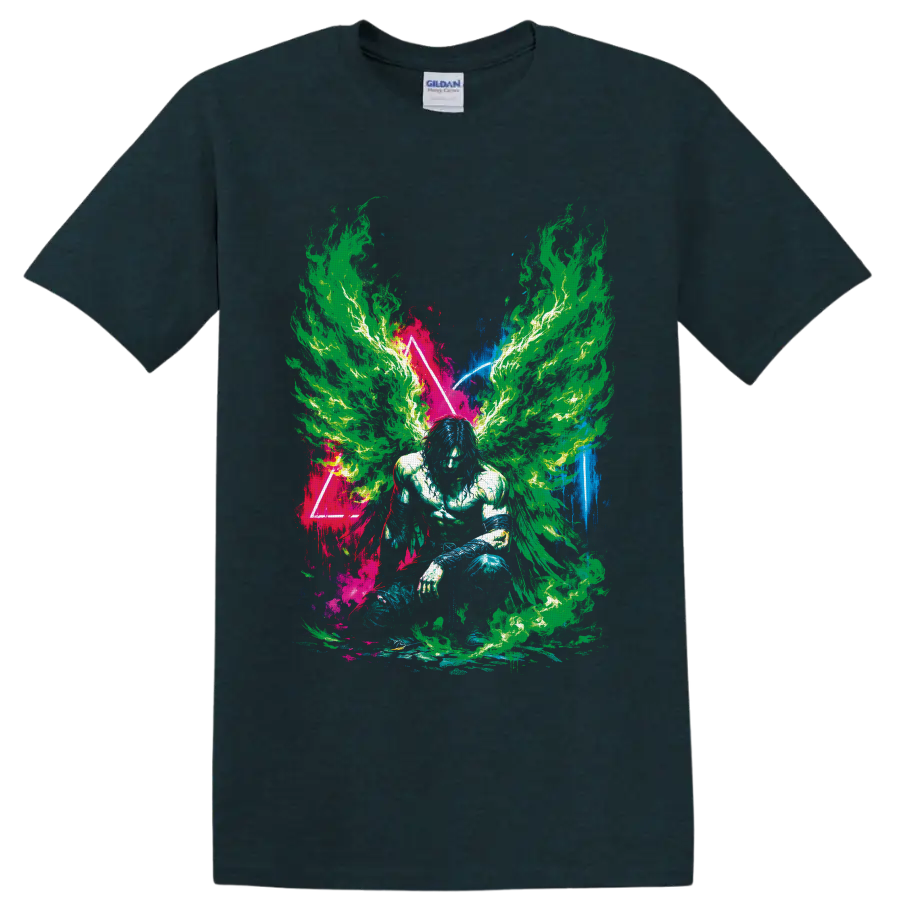 Neon flame-winged crouching figure in psychedelic paint-splatter triangle art on a Midnight (Green) T Shirt