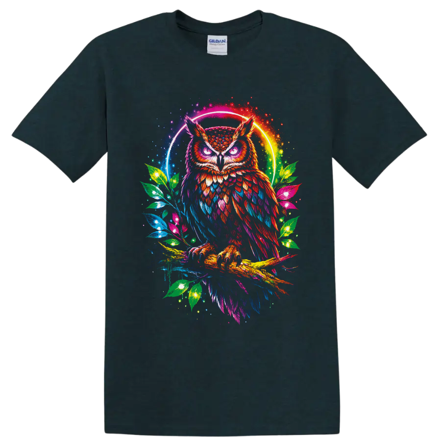 Neon rainbow horned owl on a branch with glowing leaves and circular halo on a Midnight (Green) T Shirt