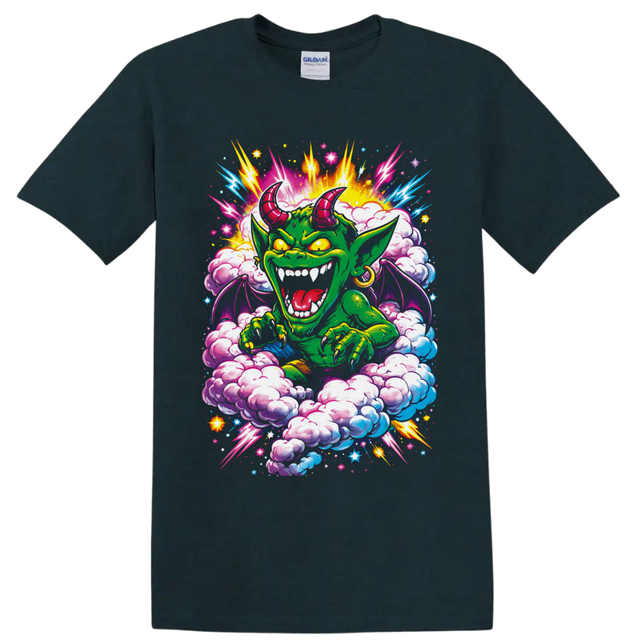 Psychedelic green horned goblin with neon lightning, wings, clouds, and stars on a Midnight (Green) T Shirt