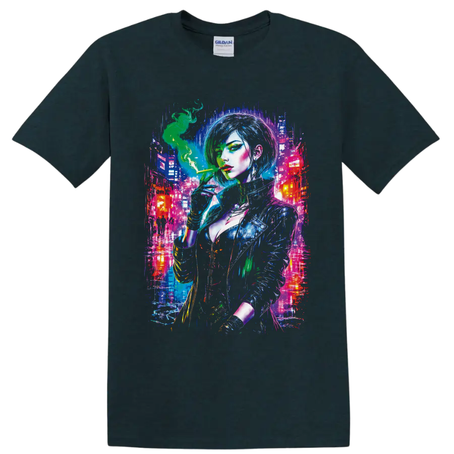 Cyberpunk woman with green smoke in a neon futuristic city graphic on a Midnight (Green) T Shirt