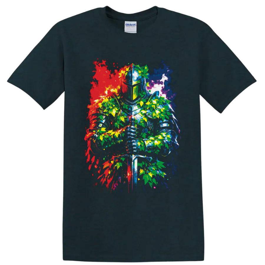 Medieval knight with sword, cannabis leaves, and colorful splatter graphic art on a Midnight (Green) T Shirt