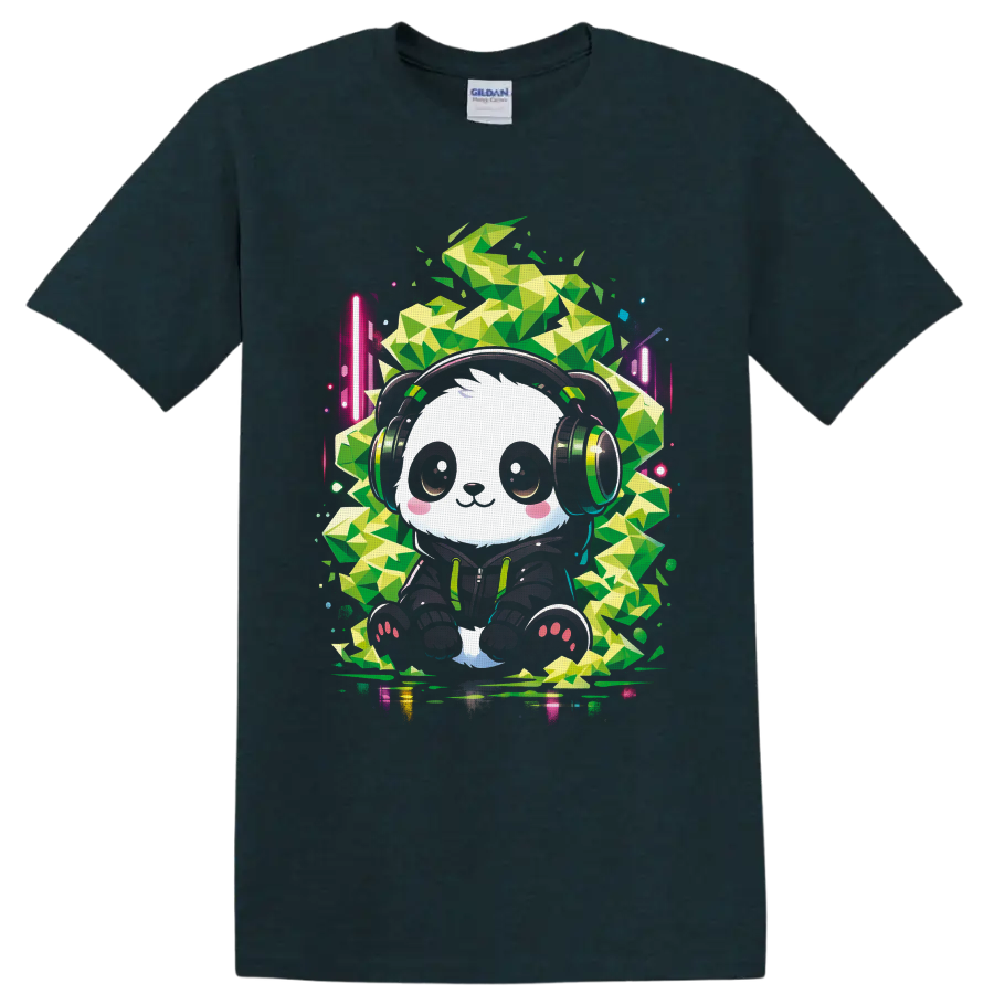 Cute panda DJ in headphones with neon geometric cannabis leaf art on a Midnight (Green) T Shirt