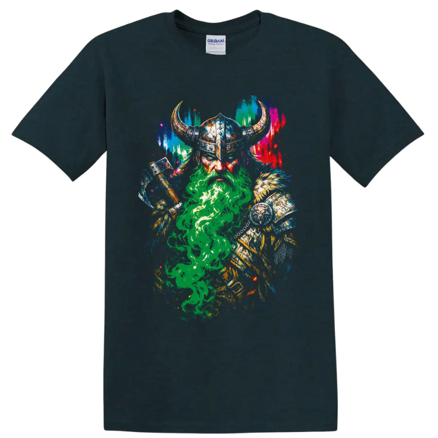 Colorful distressed Viking warrior with horned helmet, axe, shield, and green smoke on a Midnight (Green) T Shirt