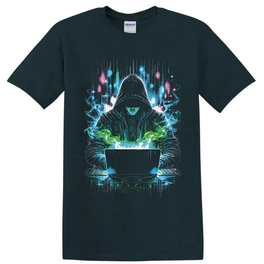 Hooded cannabis hacker with glowing laptop in neon cyberpunk digital art on a Midnight (Green) T Shirt