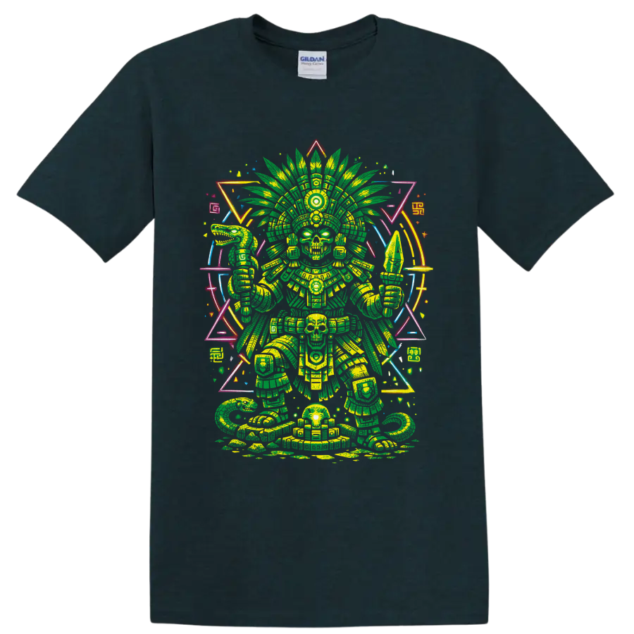 Aztec-inspired skeletal warrior with cannabis-leaf headdress and neon geometric art on a Midnight (Green) T Shirt