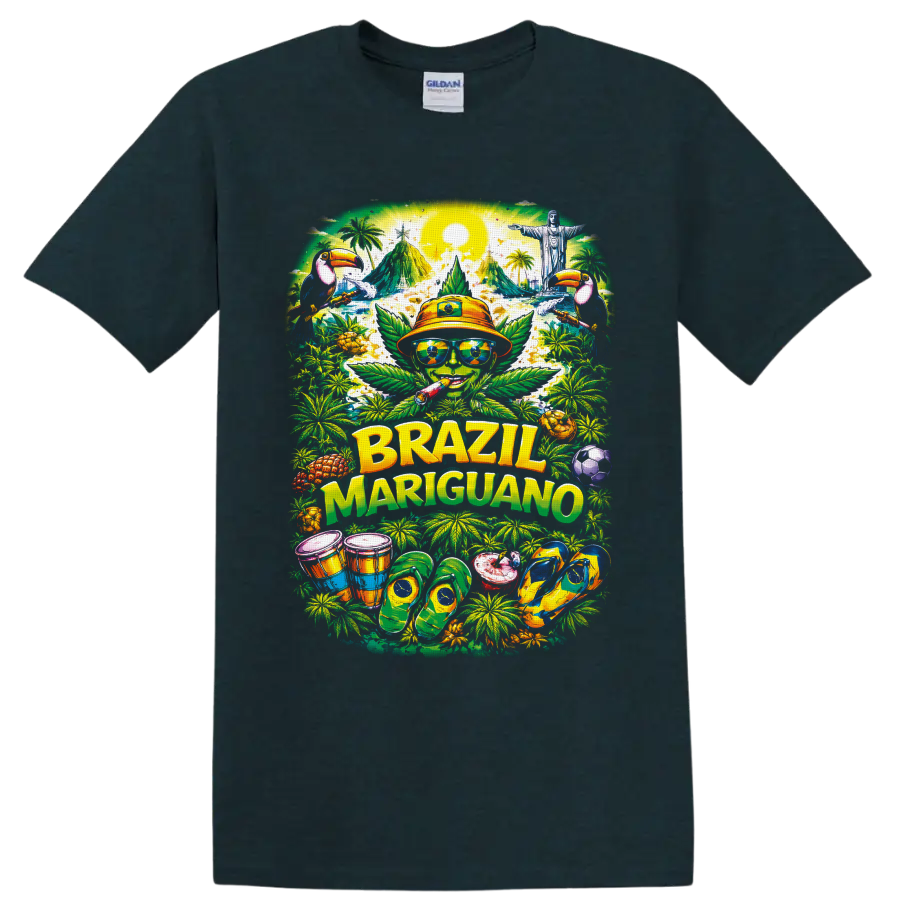 Brazil Mariguano tropical cannabis character with toucans, drums, and soccer ball on a Midnight (Green) T Shirt