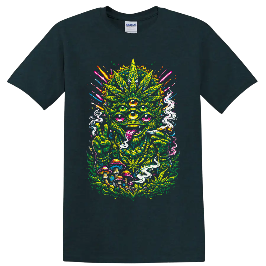 Psychedelic multi-eyed cannabis alien with mushrooms, smoke, and peace sign on a Midnight (Green) T Shirt