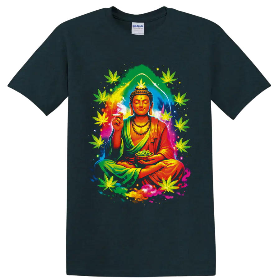Psychedelic meditating Buddha with cannabis leaves, smoke, buds, and cosmic aura on a Midnight (Green) T Shirt
