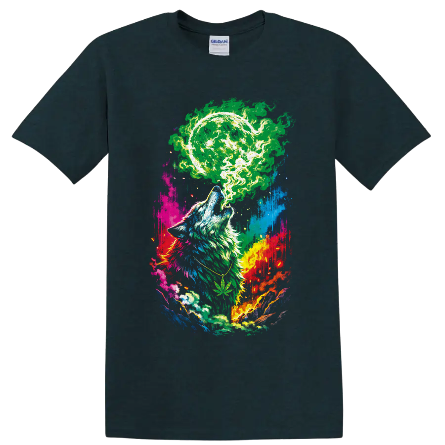 Howling wolf beneath a glowing cannabis moon in psychedelic paint-splash art on a Midnight (Green) T Shirt