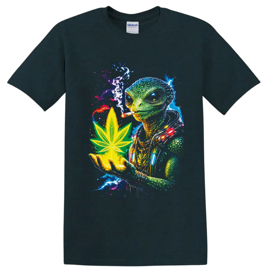 Psychedelic reptilian alien with cannabis leaf, smoke, and cosmic lightning on a Midnight (Green) T Shirt
