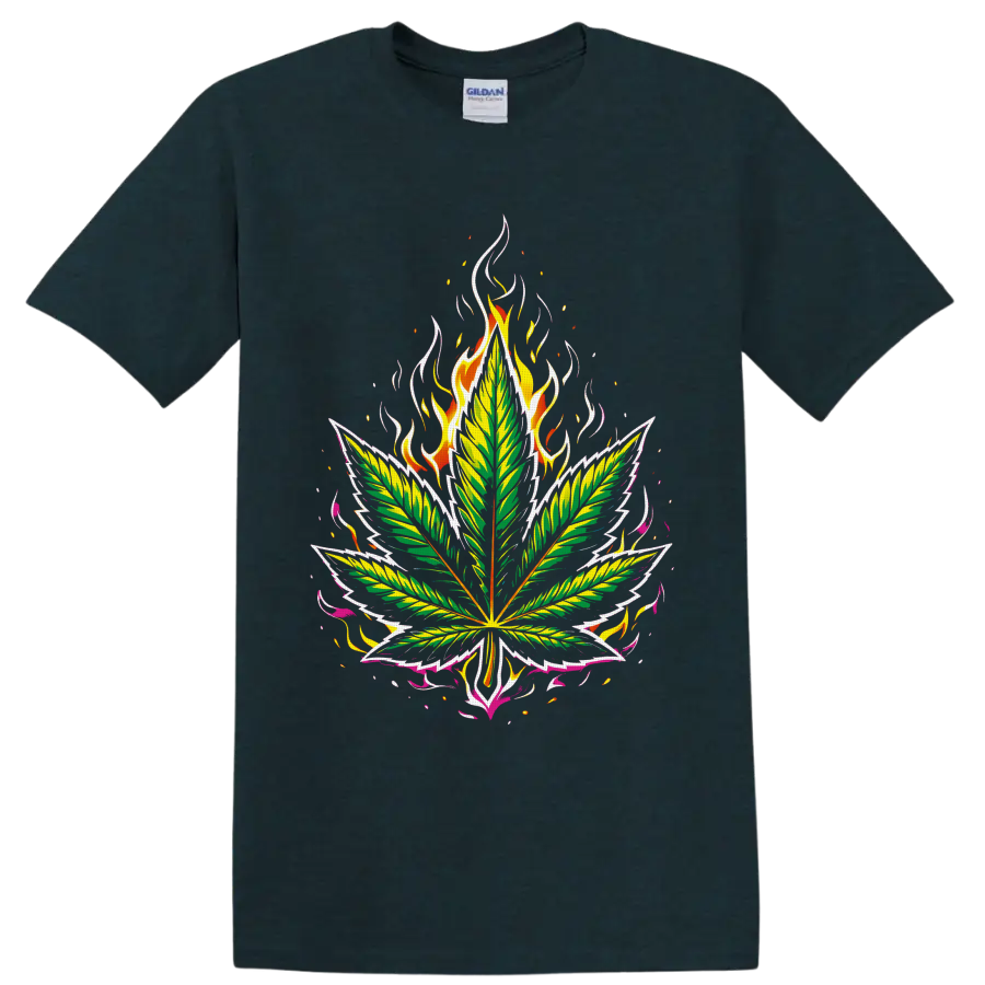 Psychedelic cannabis leaf graphic with flames, embers, and pink ribbon-like accents on a Midnight (Green) T Shirt