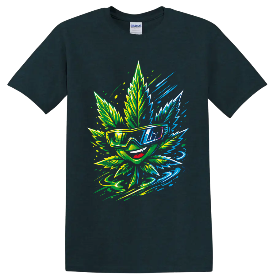 Psychedelic cannabis leaf character in sunglasses with neon lightning and leaf art on a Midnight (Green) T Shirt