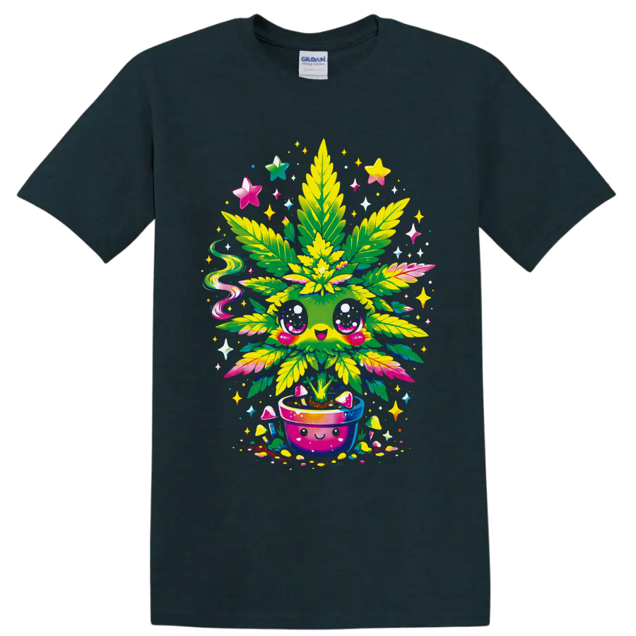 Kawaii cannabis plant in a smiling pot with mushrooms, stars, and psychedelic sparkles on a Midnight (Green) T Shirt