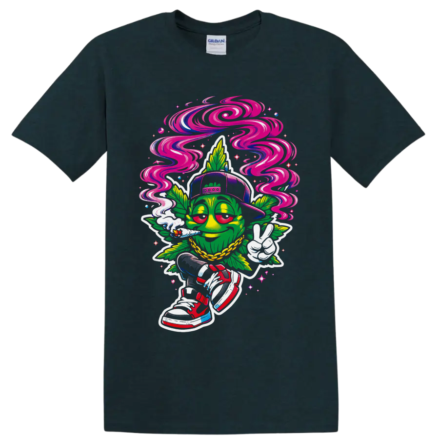 Psychedelic cartoon cannabis leaf character with swirling smoke, cap, chain, and peace on a Midnight (Green) T Shirt