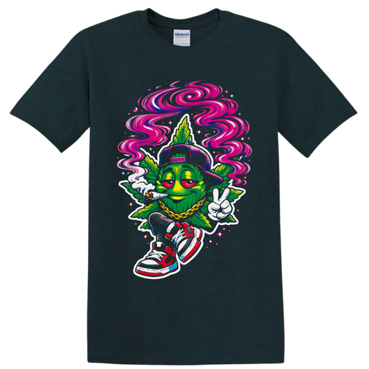 Psychedelic cartoon cannabis leaf character with swirling smoke, cap, chain, and peace on a Midnight (Green) T Shirt