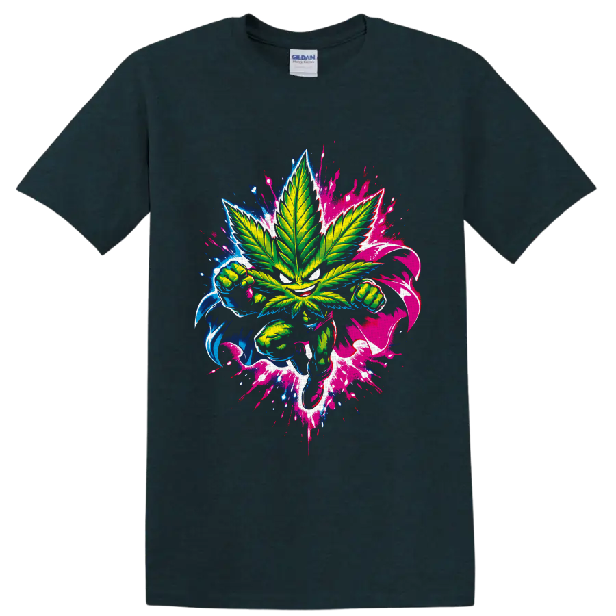 Neon cannabis leaf fighter with clenched fists and blue pink graffiti splatters on a Midnight (Green) T Shirt