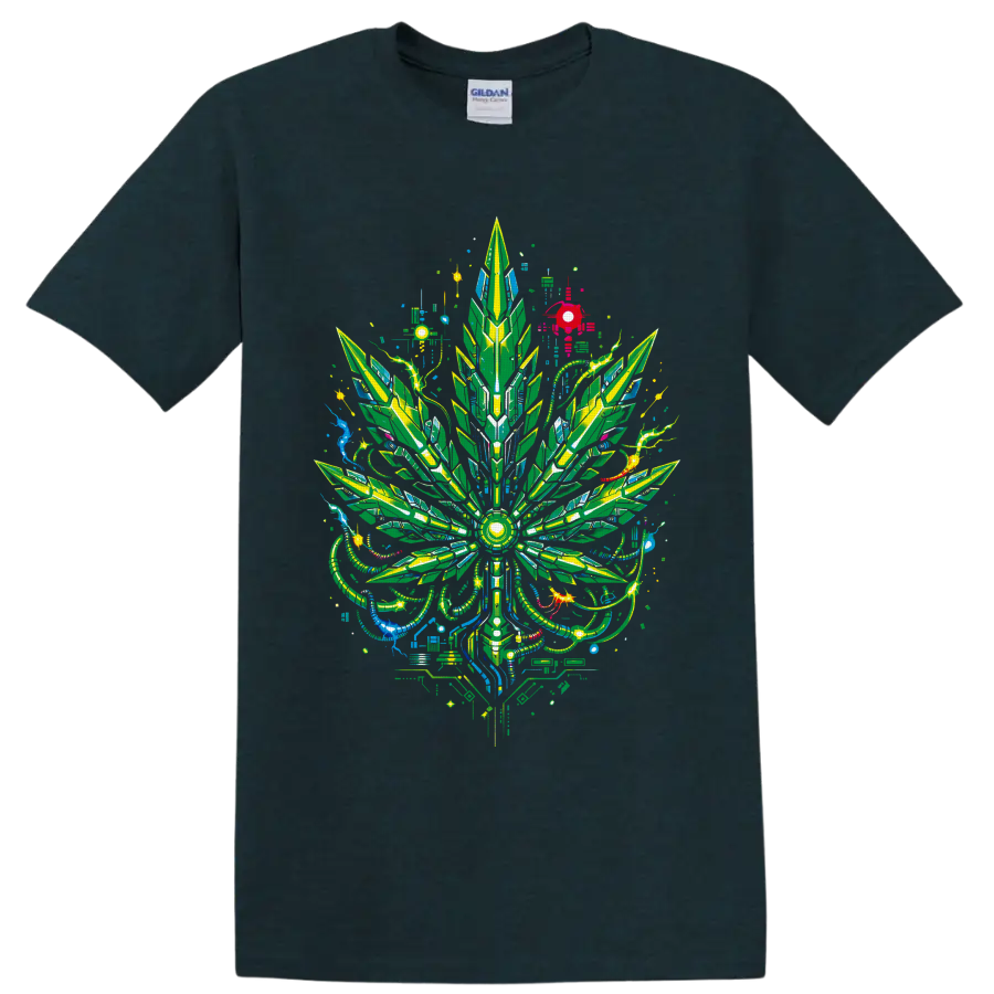 Cyberpunk cannabis leaf with neon circuitry, geometric panels, and psychedelic cables on a Midnight (Green) T Shirt