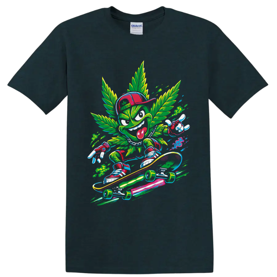 Retro comic cannabis leaf character skateboarding on a longboard on a Midnight (Green) T Shirt