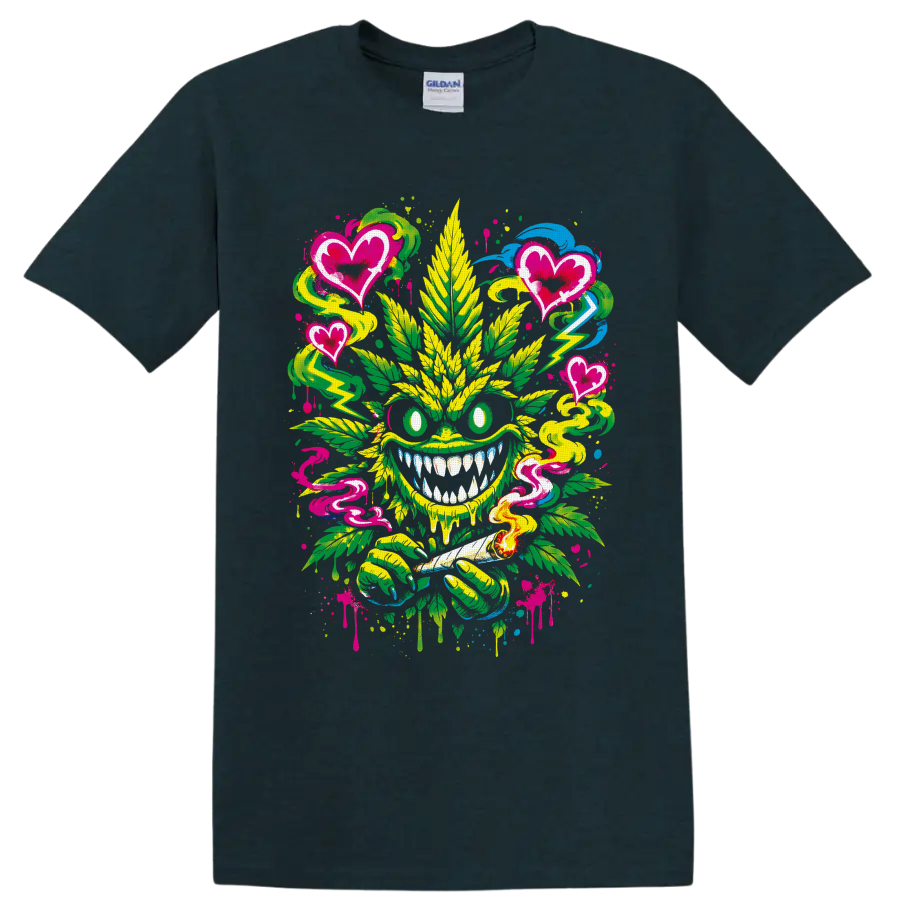 Graffiti cannabis leaf monster with pink hearts, smoke swirls, lightning, and splatters on a Midnight (Green) T Shirt