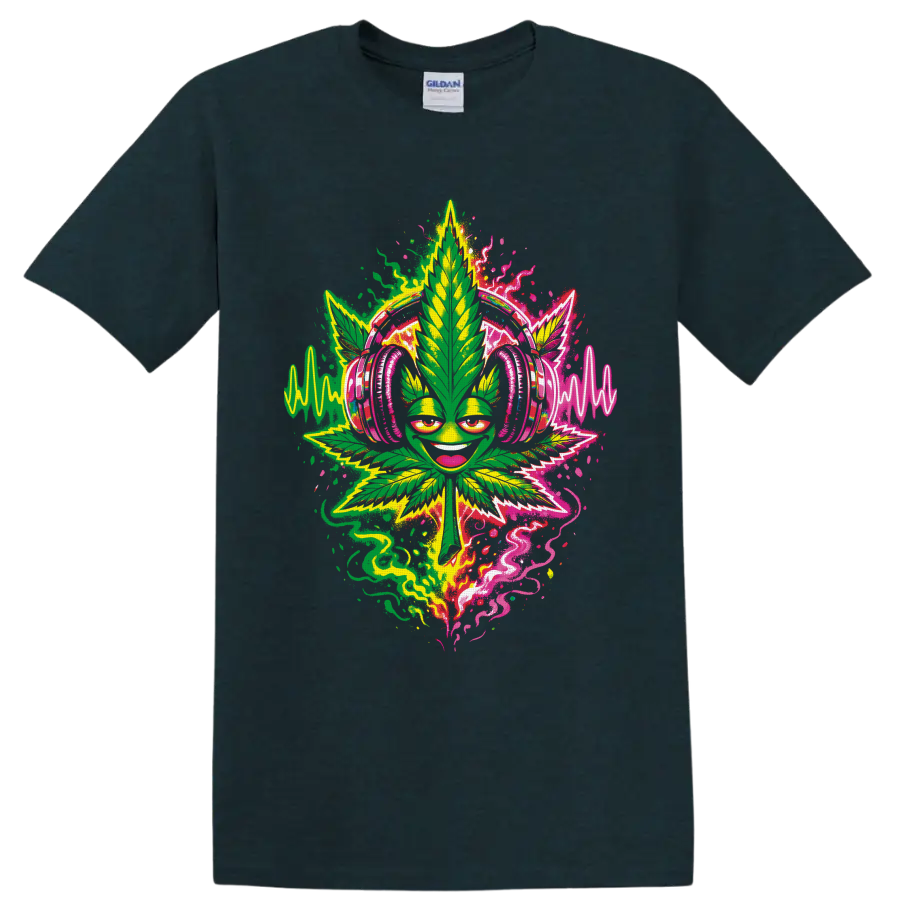 Smiling cannabis leaf DJ in pink headphones with neon soundwaves and lightning on a Midnight (Green) T Shirt