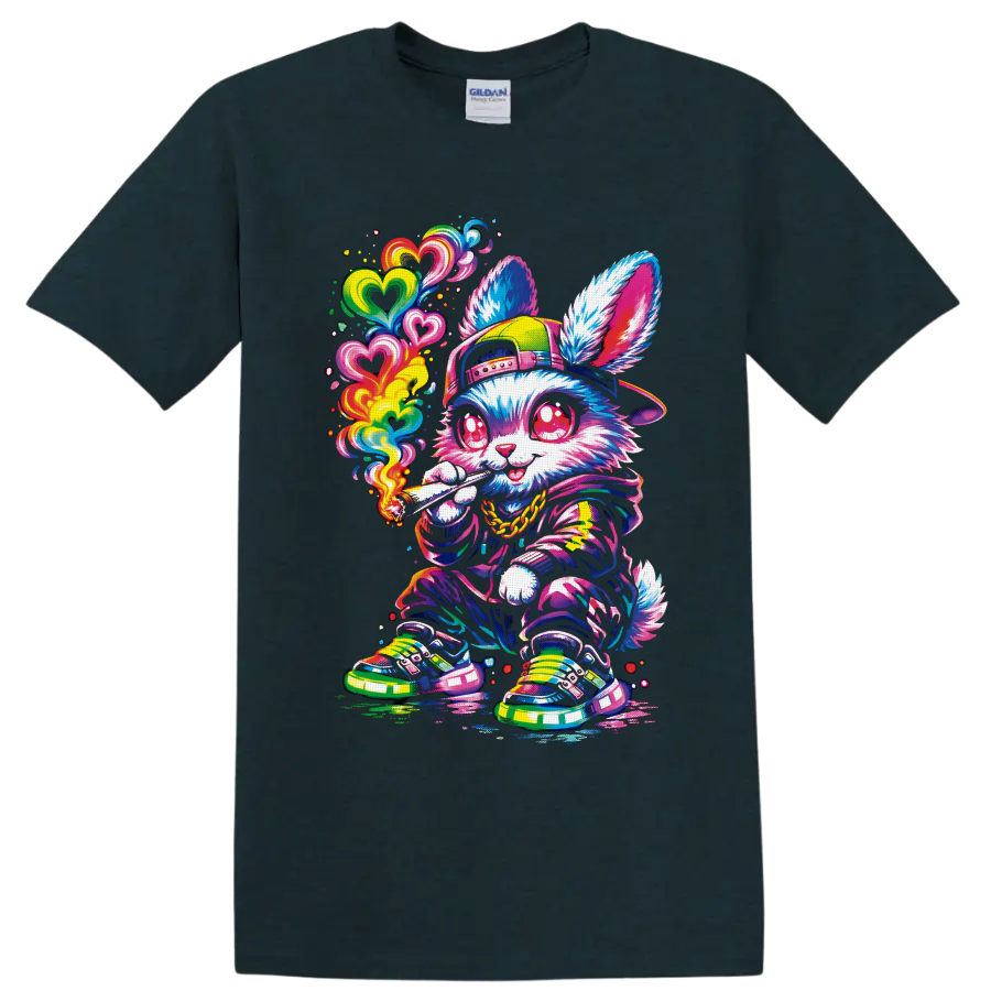 Psychedelic streetwear rabbit with rainbow hearts and a lit rolled smoke on a Midnight (Green) T Shirt