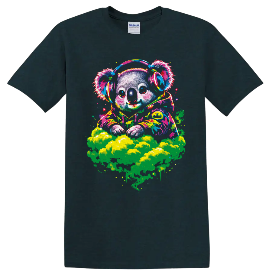 Psychedelic koala DJ in headphones and paint-splashed hoodie above green smoke on a Midnight (Green) T Shirt