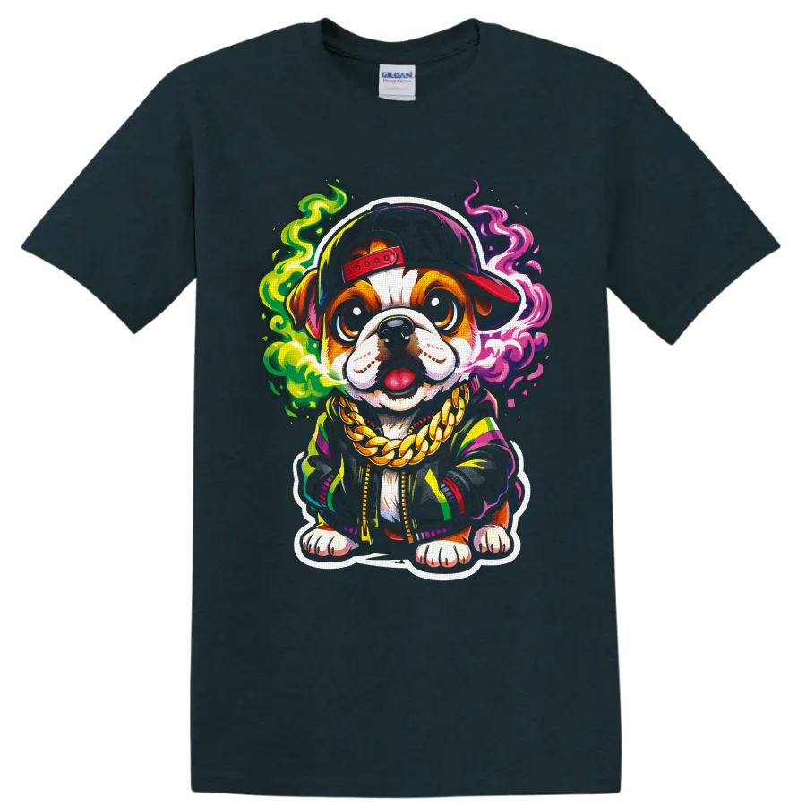 Cartoon dog in a backward cap and gold chain with colorful neon smoke on a Midnight (Green) T Shirt