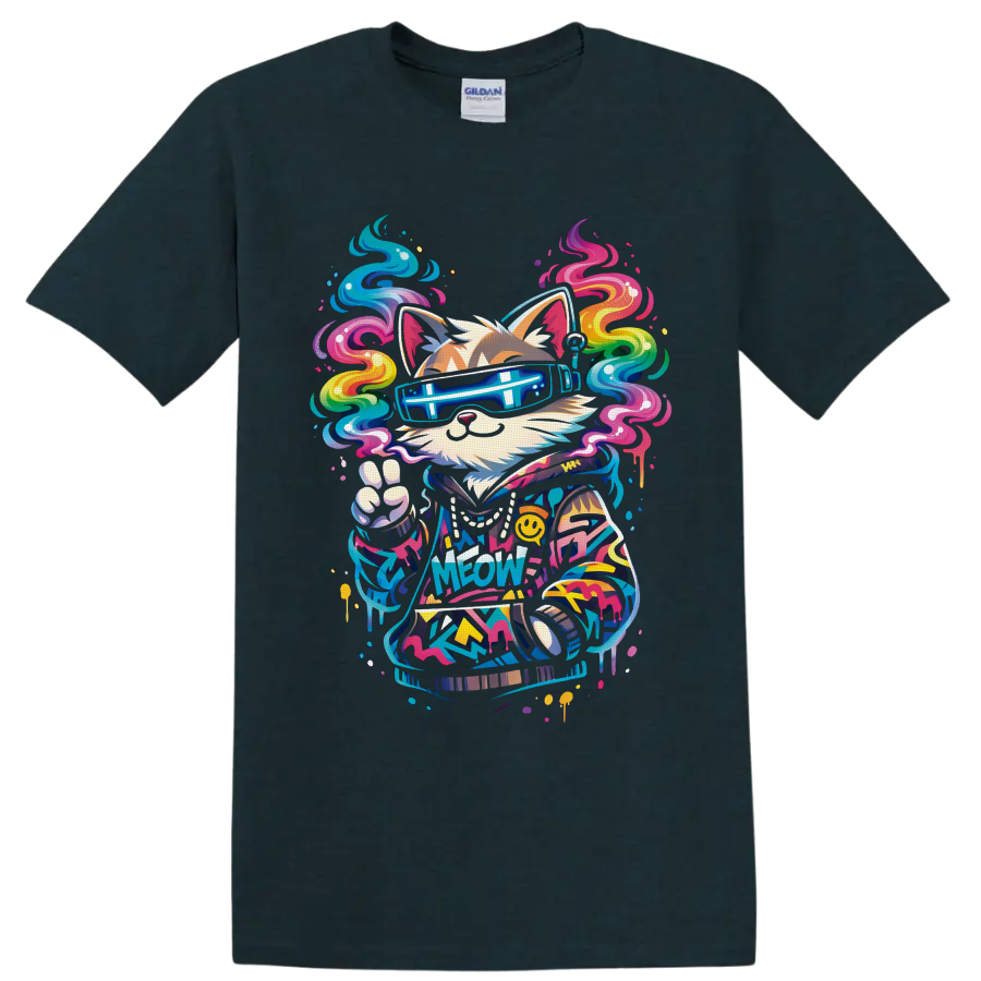 Graffiti-style cat DJ in neon visor shades with rainbow swirls and Meow text on a Midnight (Green) T Shirt