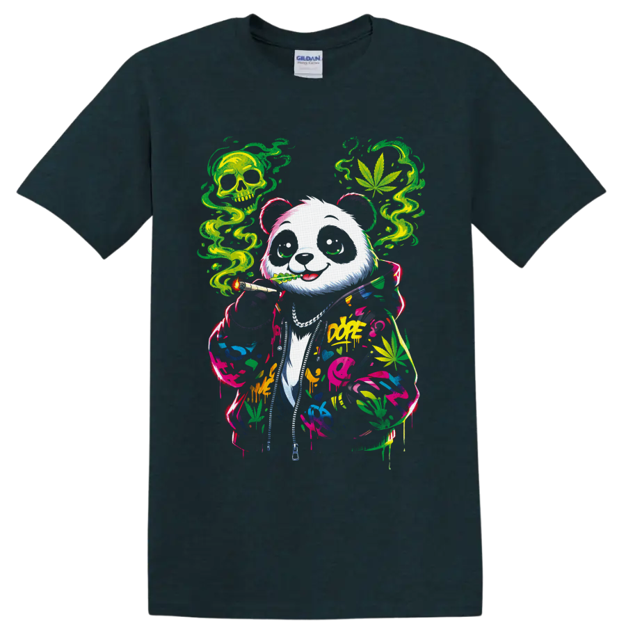 Graffiti panda in a paint-splashed hoodie with cannabis leaves, green smoke, and skull on a Midnight (Green) T Shirt