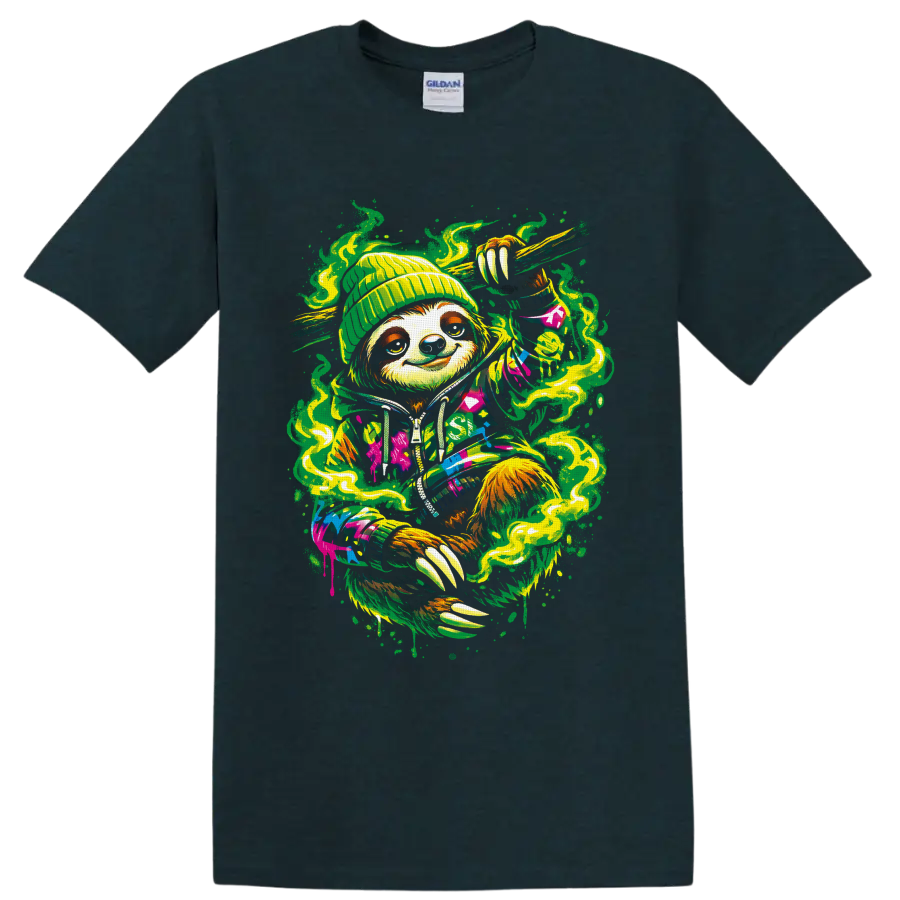 Psychedelic beanie-wearing sloth with green smoke swirls and colorful street-art splatter on a Midnight (Green) T Shirt