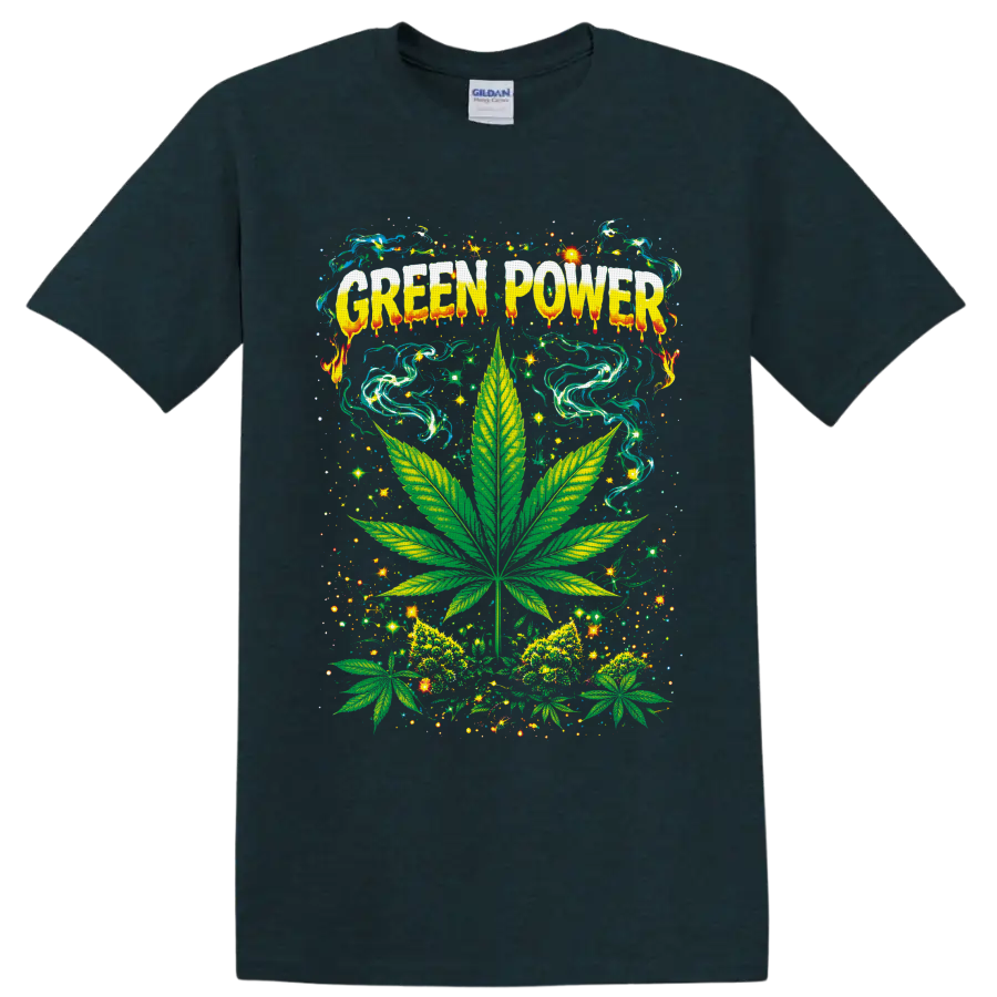 Green Power psychedelic cannabis leaf graphic with swirling smoke and sparkling stars on a Midnight (Green) T Shirt