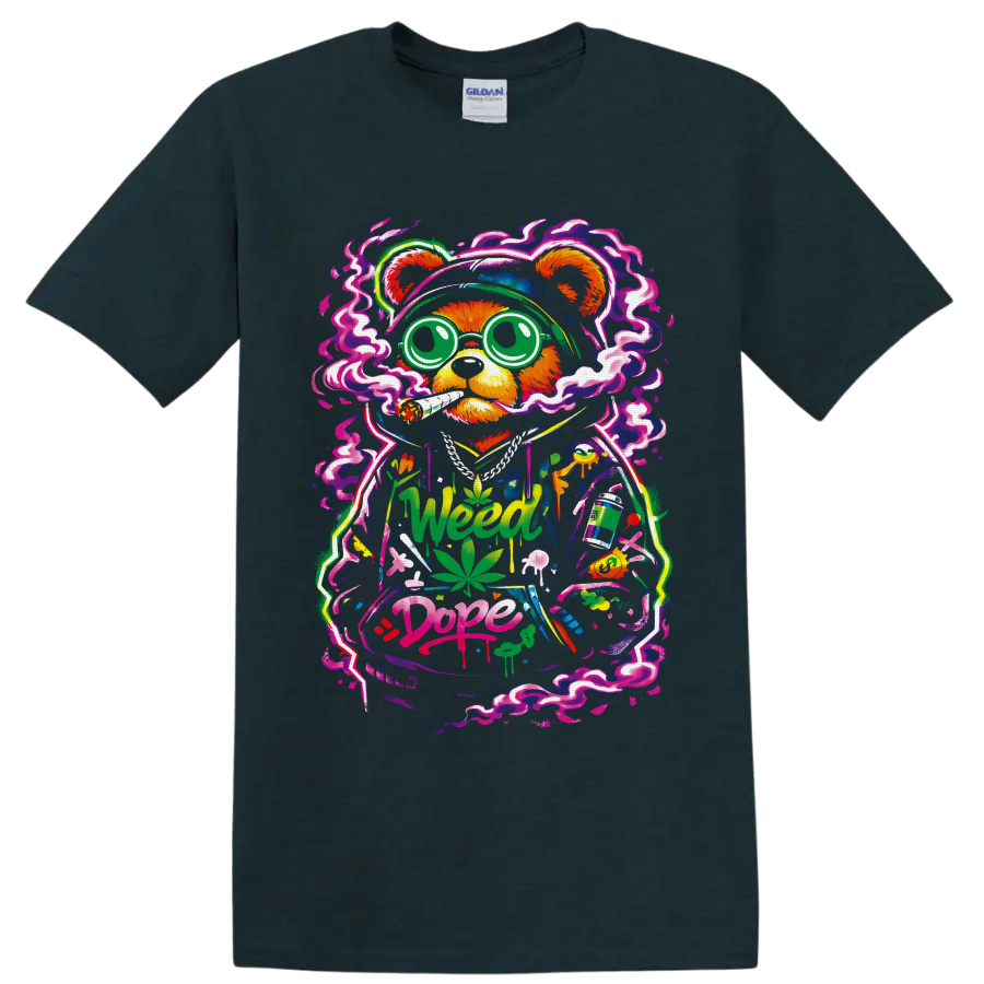 Cartoon cannabis bear with neon smoke, leaves, mushrooms, and Weed Dope graffiti on a Midnight (Green) T Shirt