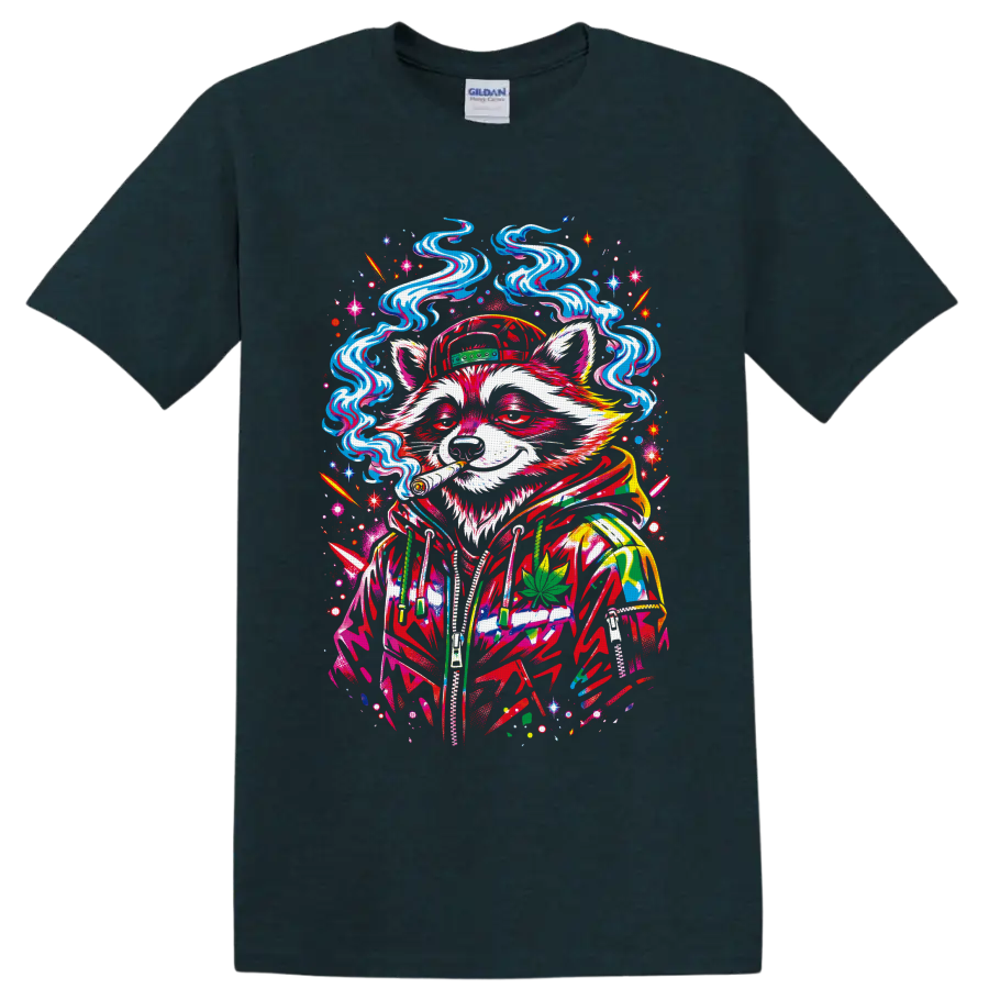 Psychedelic cannabis raccoon in cap and hoodie with swirling smoke and leaf on a Midnight (Green) T Shirt
